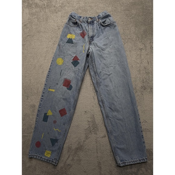 Levis 560 Jeans Women 24x30 Blue Relaxed Painted Geometric Art Unique - Picture 1 of 10